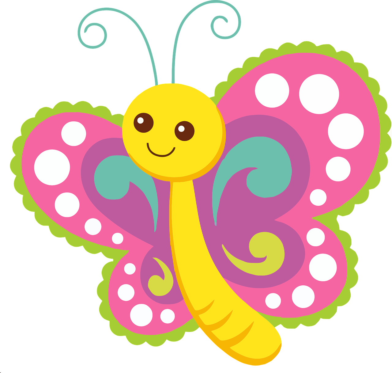 Smiling yellow butterfly with pink and purple wings 